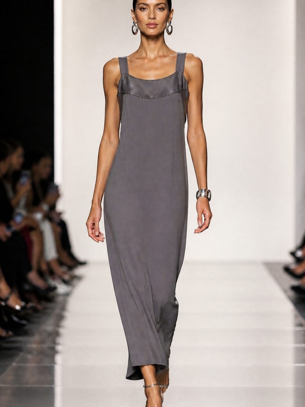 Satin Trim Sleeveless  Charcoal Grey Cocktail Party Wedding Guest Maxi Dress